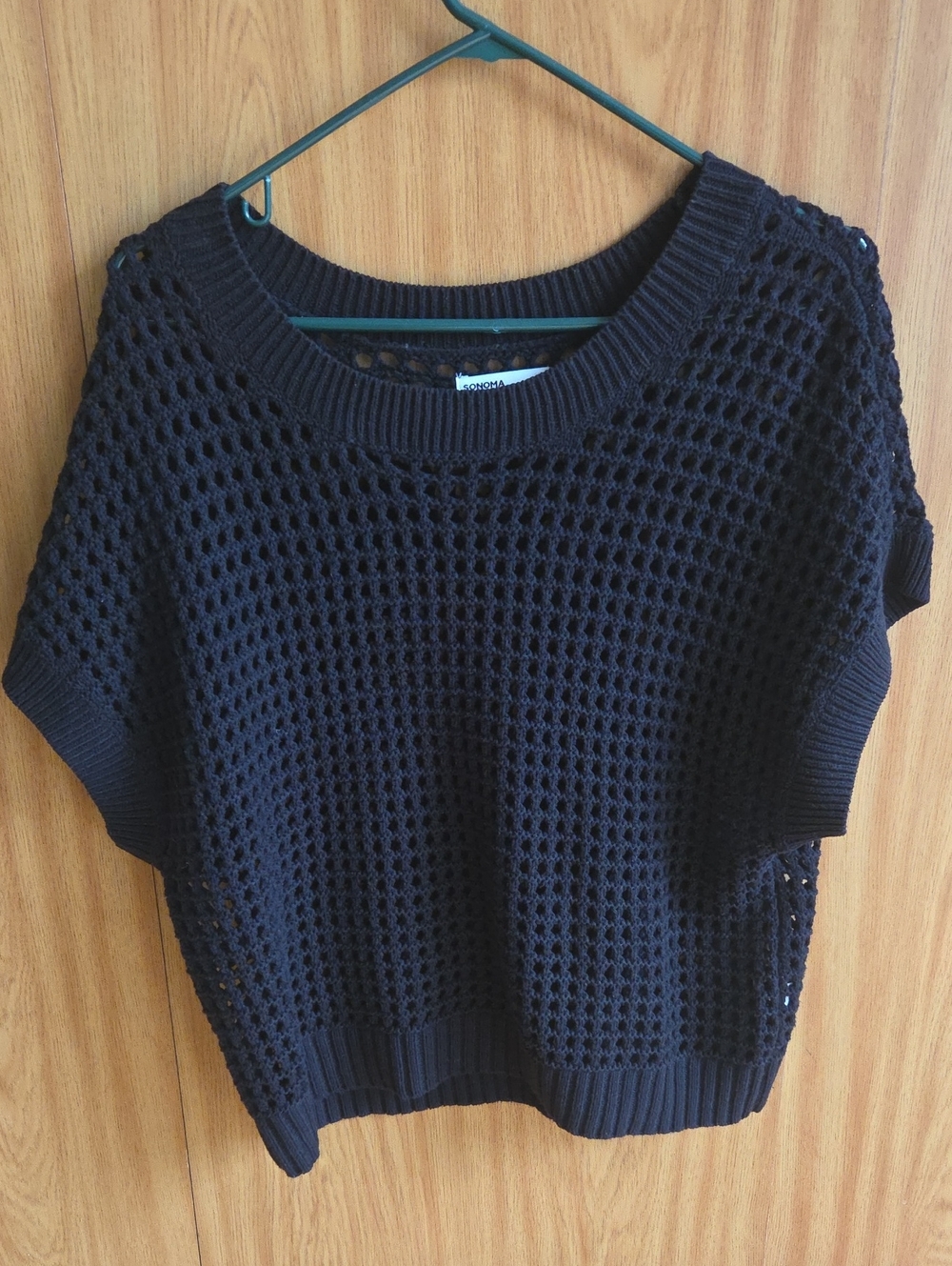 Sonoma Black Open-Knit Short Sleeve Crew Sweater